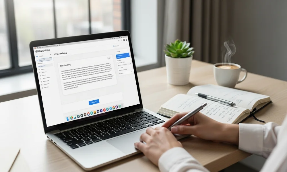 Person typing on laptop with "AI Storytelling" app