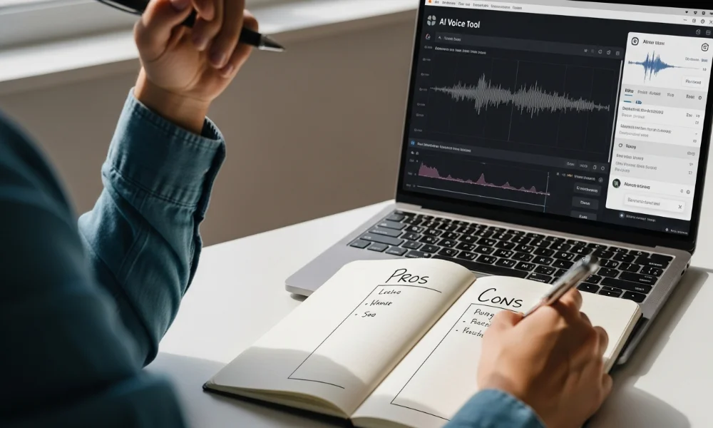 Person writing pros and cons, laptop with voicery