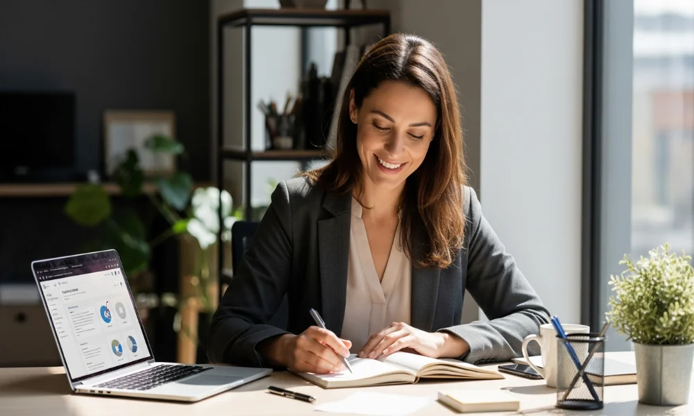 Smiling woman writing in notebook at desk