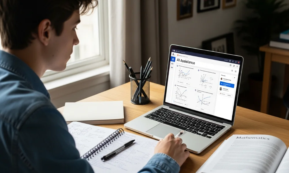Student studying math with laptop and notebook