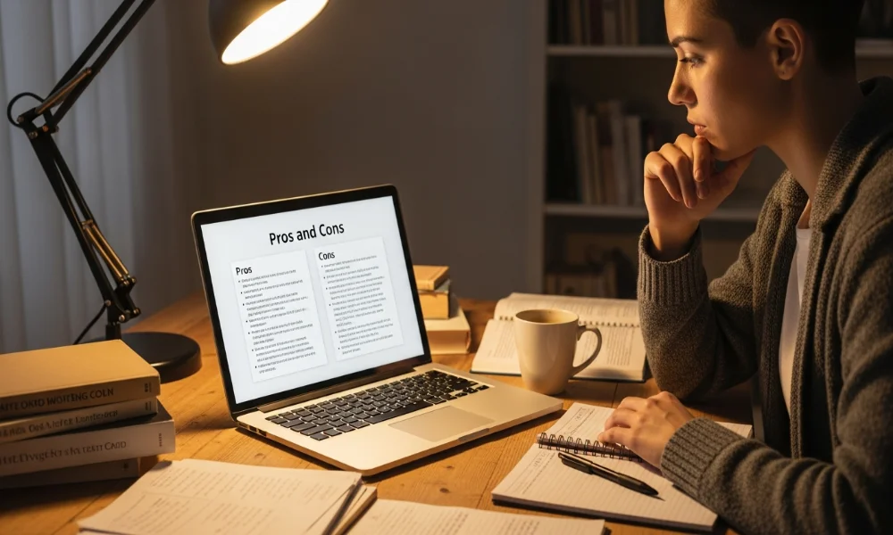 Student studying "Pros and Cons" on laptop