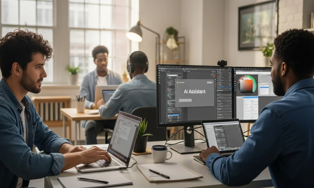 three men working on computers in an office