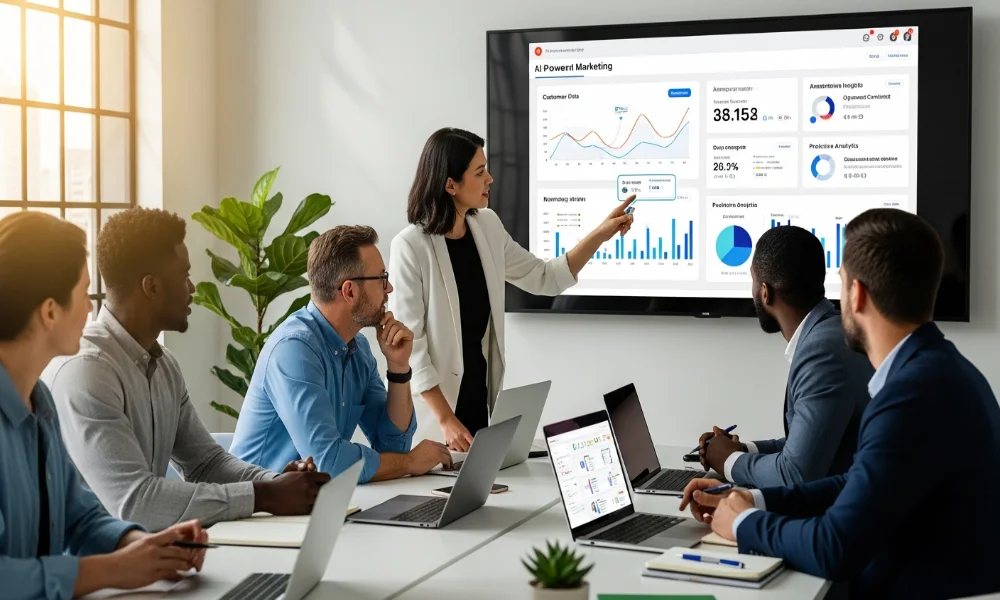 Woman presenting marketing data to diverse team