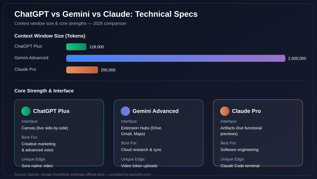 ChatGPT vs Gemini vs Claude technical specs comparison, context window size, interface, and core strengths 2026 