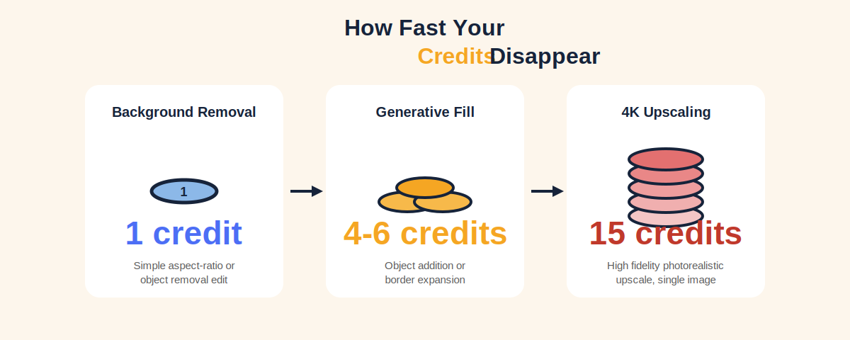 Credit cost breakdown infographic showing background removal costs 1 credit, generative fill costs 4-6 credits, and 4K upscaling costs 15 credits