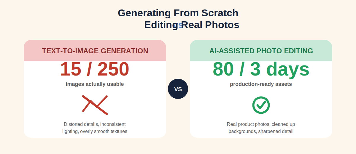 Comparison infographic showing AI text-to-image generation producing only 15 usable images out of 250 versus AI-assisted photo editing producing 80 assets in 3 days