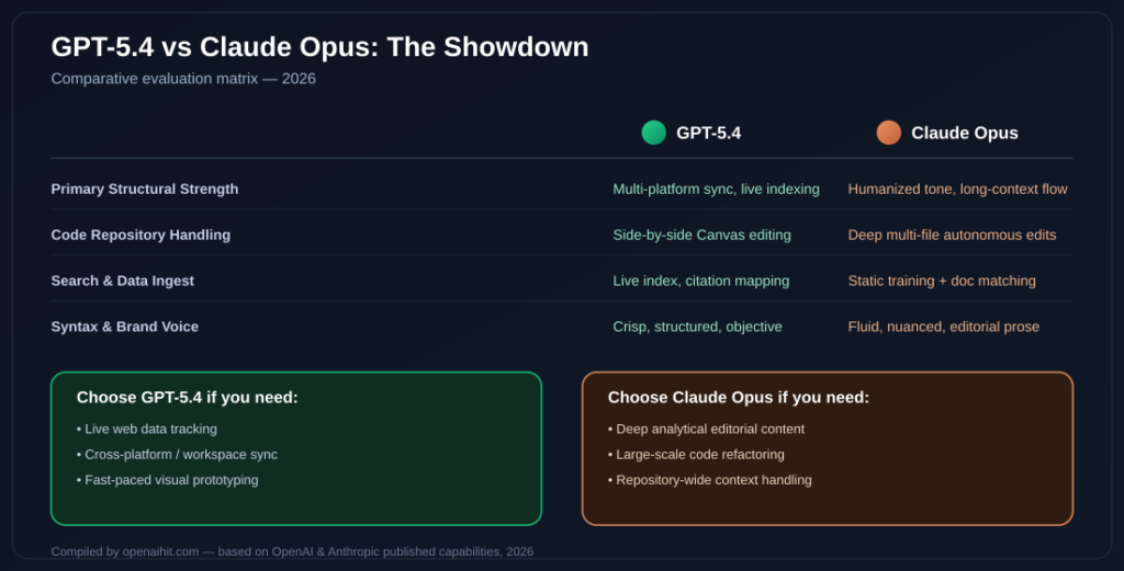 GPT-5.4 vs Claude Opus comparison matrix — strengths, coding, and search capabilities 2026