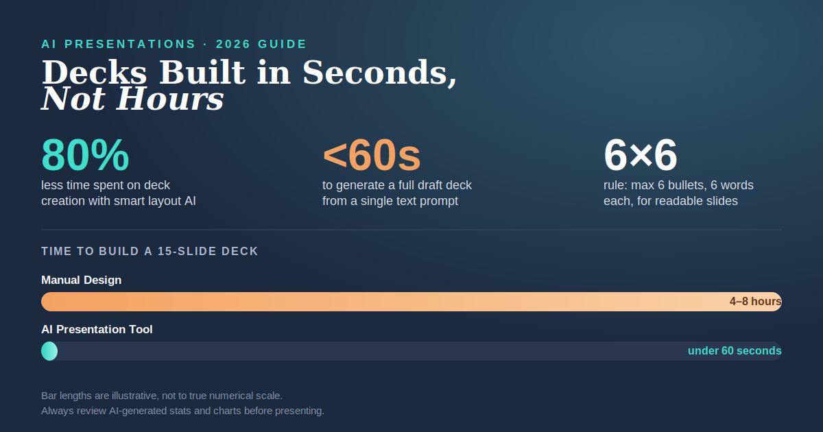 AI presentation tools cut deck creation time by 80%, generate a full draft in under 60 seconds versus 4-8 hours manually, and highlighting the 6x6 slide design rule.