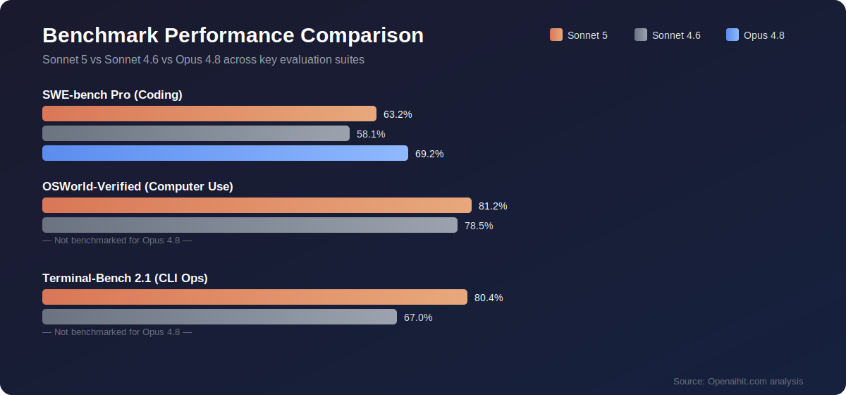 Bar chart comparing Claude Sonnet 5 benchmark scores on SWE-bench Pro, OSWorld, and Terminal-Bench 2.1 against Sonnet 4.6 and Opus 4.8