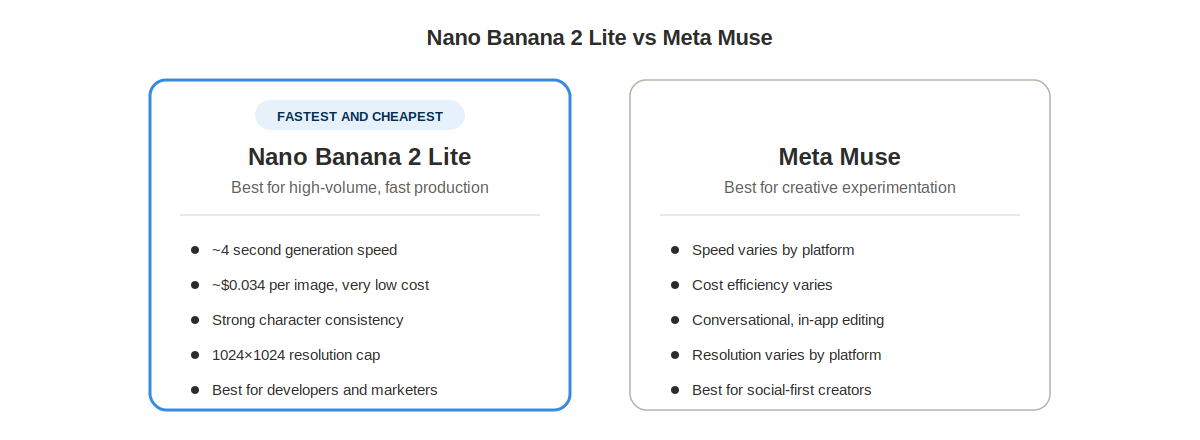 Side-by-side comparison showing Nano Banana 2 Lite as fastest and cheapest for high-volume production, versus Meta Muse as best for creative experimentation inside Meta apps.