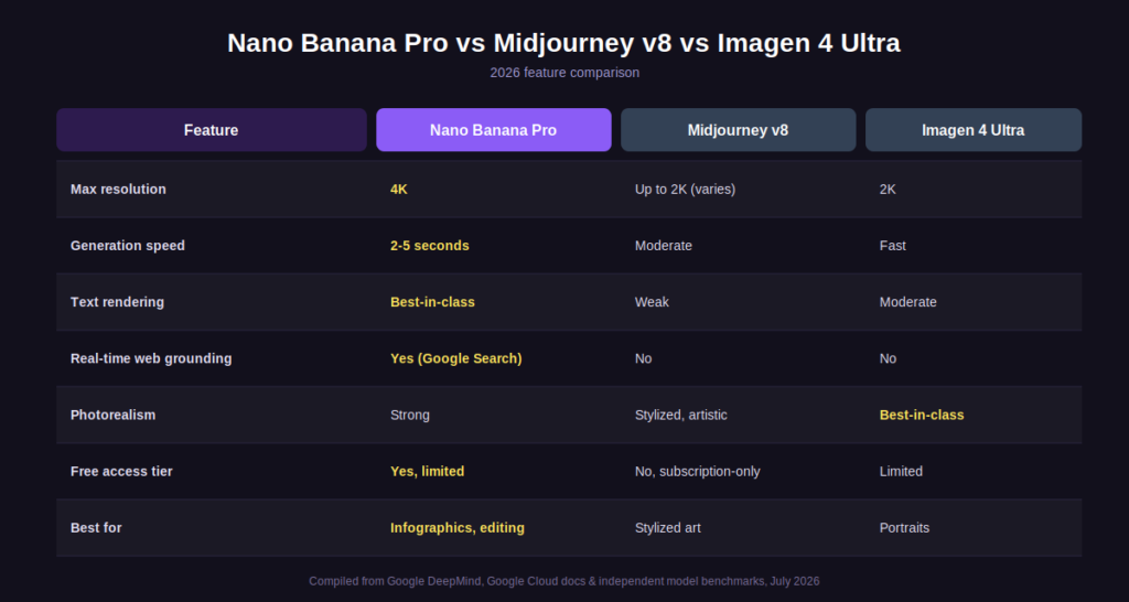 Feature comparison graphic, Nano Banana Pro vs Midjourney v8 vs Imagen 4 Ultra, 2026
