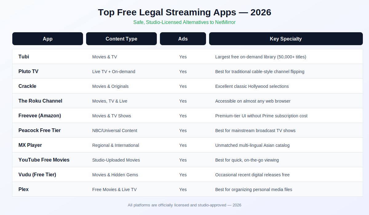 Comparison table of 10 free legal streaming apps including Tubi, Pluto TV, Crackle, and MX Player