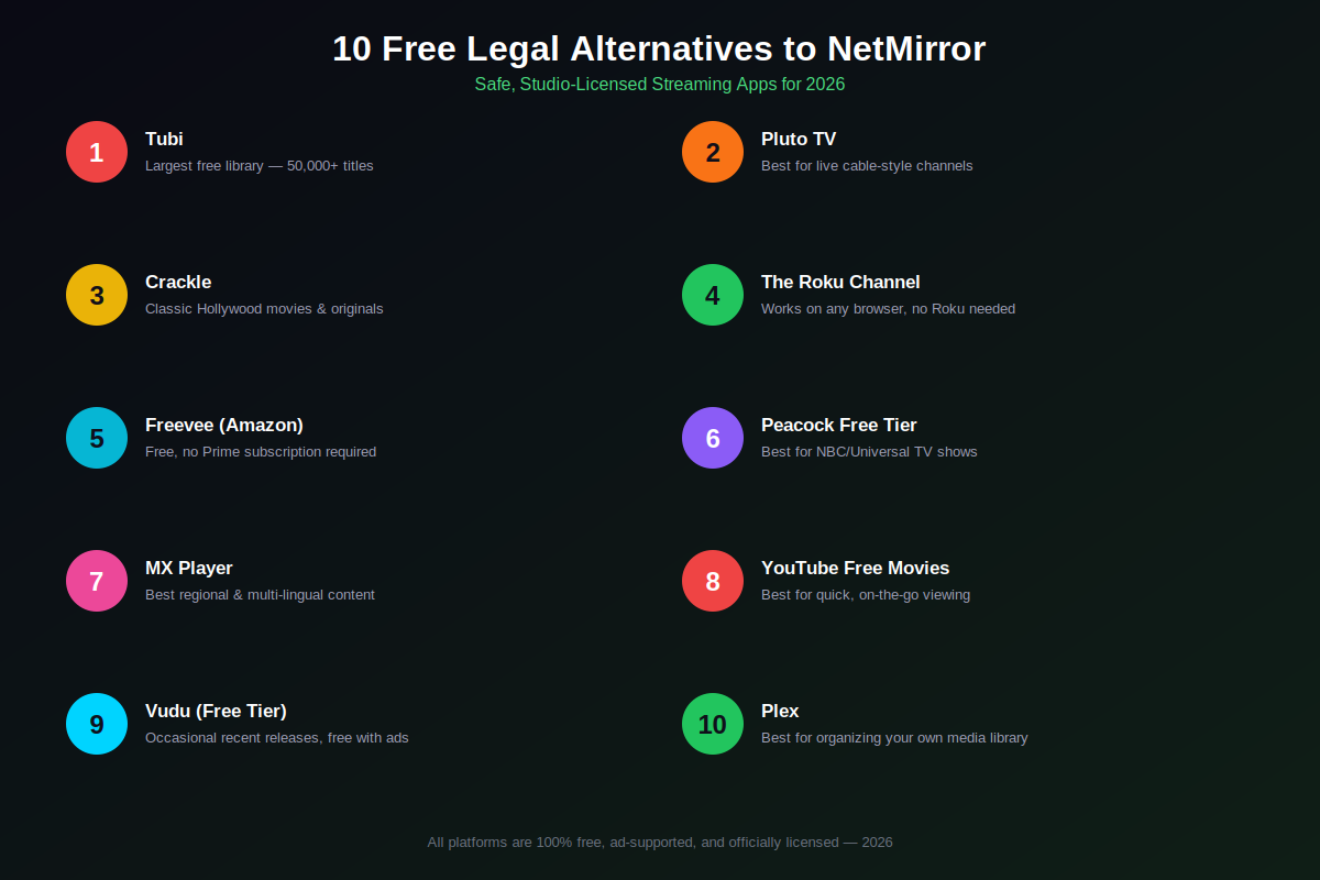 Infographic grid listing all 10 free legal alternatives to NetMirror with app names and key specialties