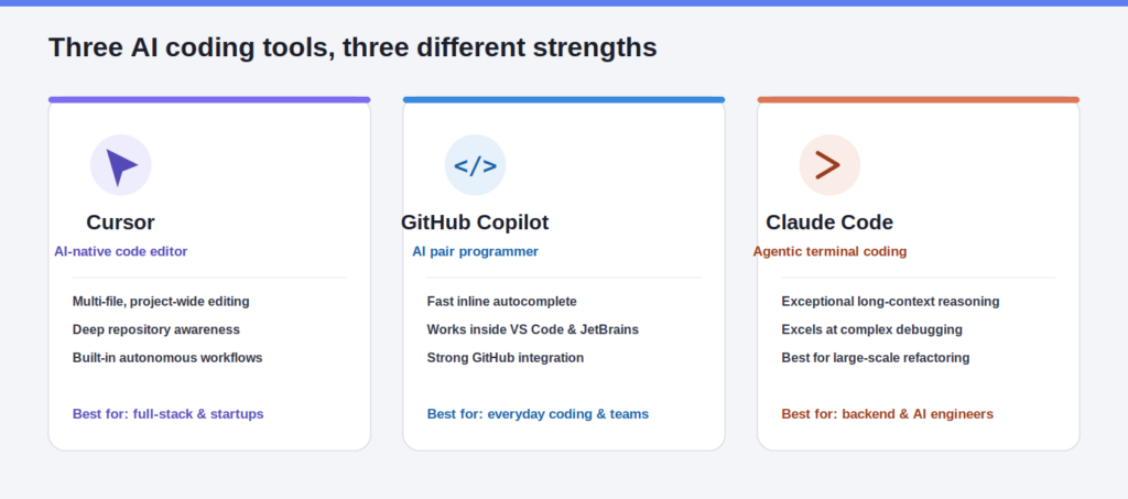Side-by-side comparison of Cursor, GitHub Copilot, and Claude Code showing each tool's core strengths and best use case