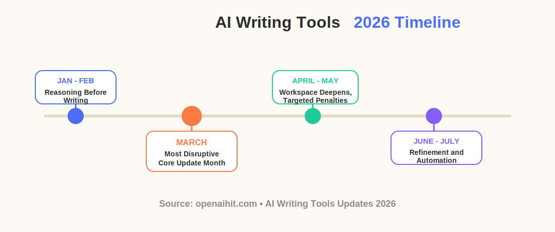 AI writing tools 2026 timeline showing month by month updates from January to July
