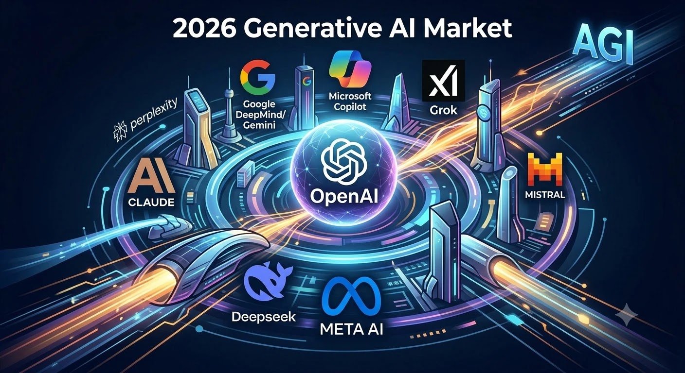 Digital illustration showing the 2026 generative AI market landscape with OpenAI competing against Anthropic, Google Gemini, Microsoft Copilot, Meta, and xAI