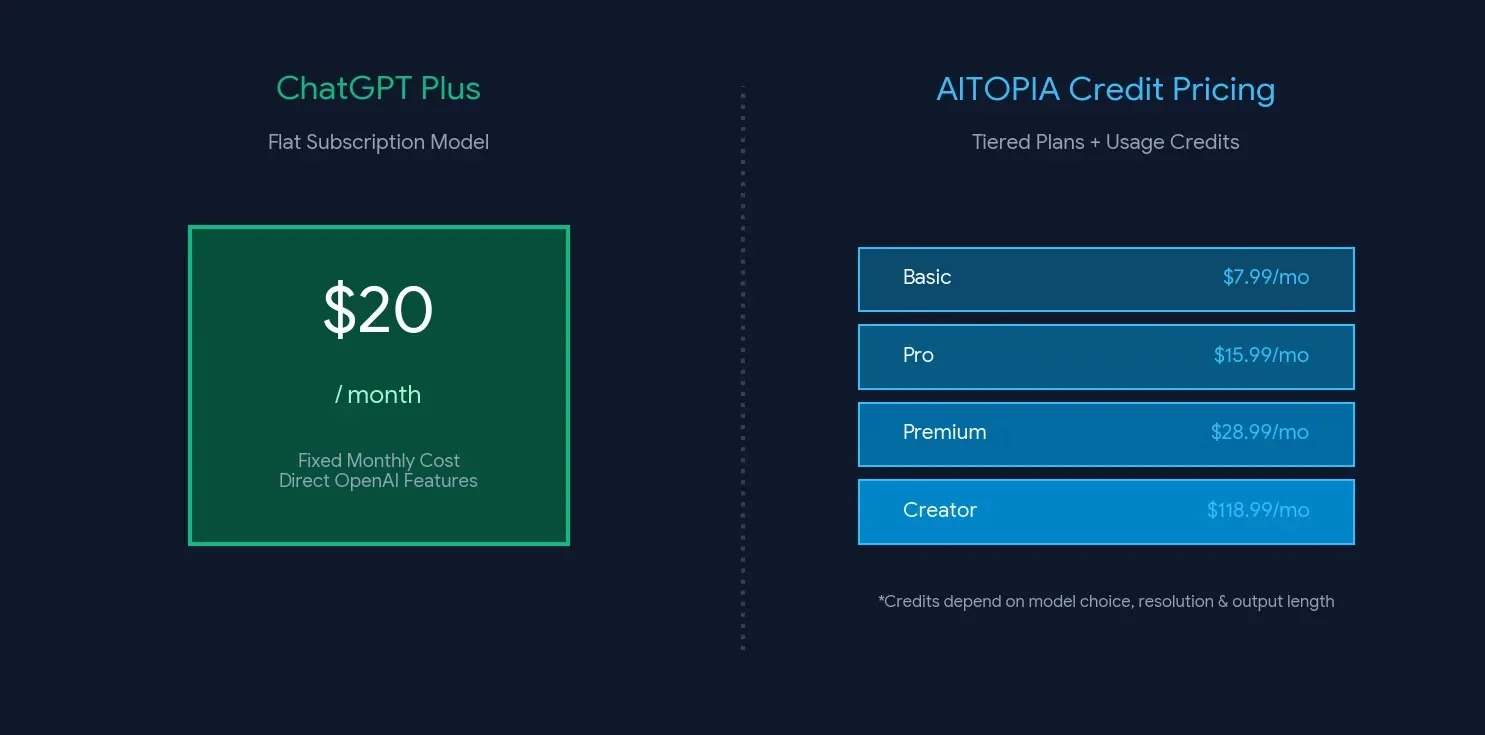 Pricing structure breakdown comparing ChatGPT Plus flat $20 per month subscription with AITOPIA tiered credit-based plans.