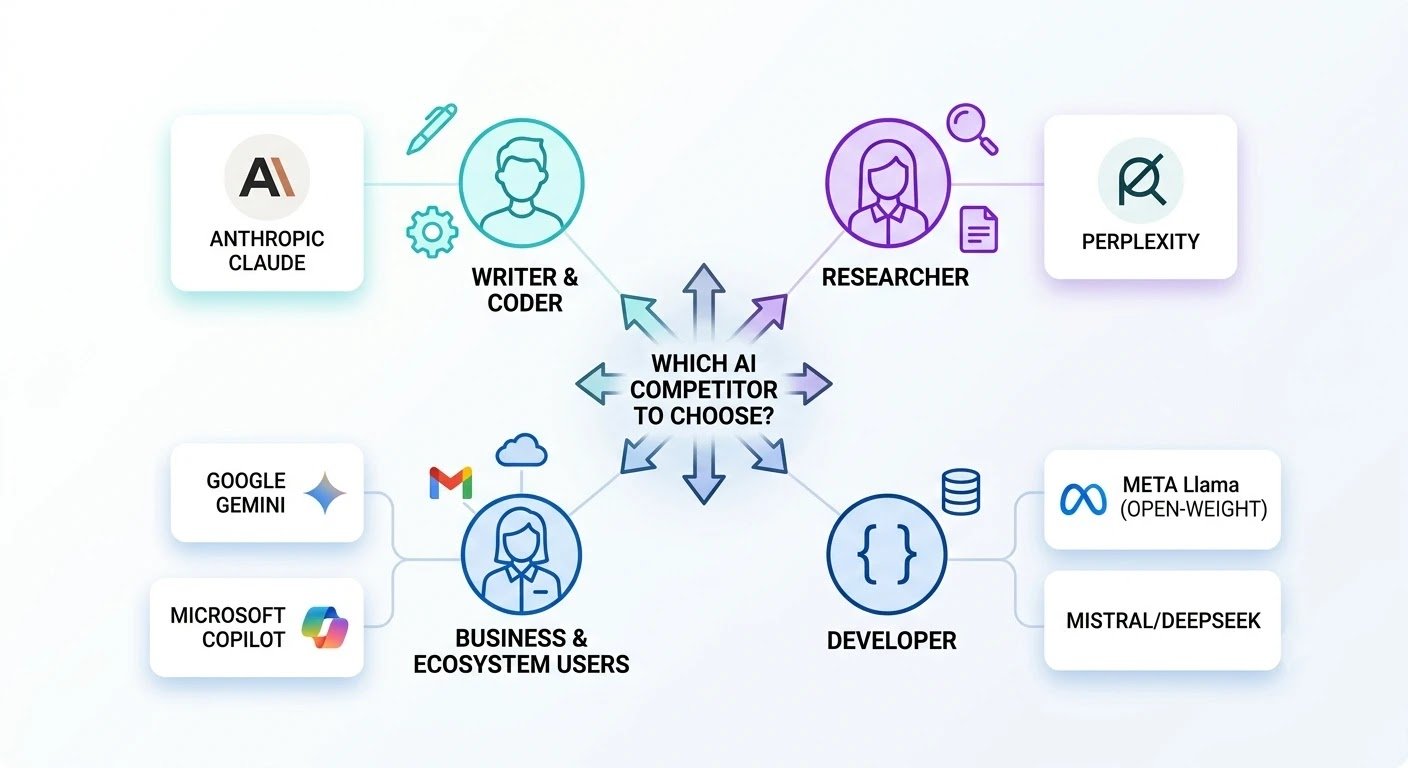 mapping user roles like writers, researchers, developers, and businesses to their recommended OpenAI alternatives such as Claude, Perplexity, and Gemini.