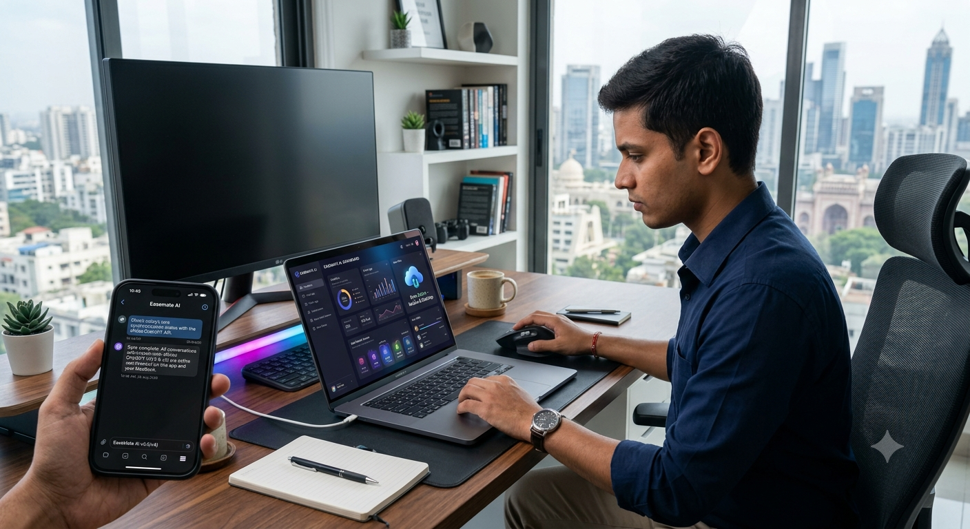 professional using ChatGPT app on a smartphone and laptop at a modern workspace demonstrating cross-device sync