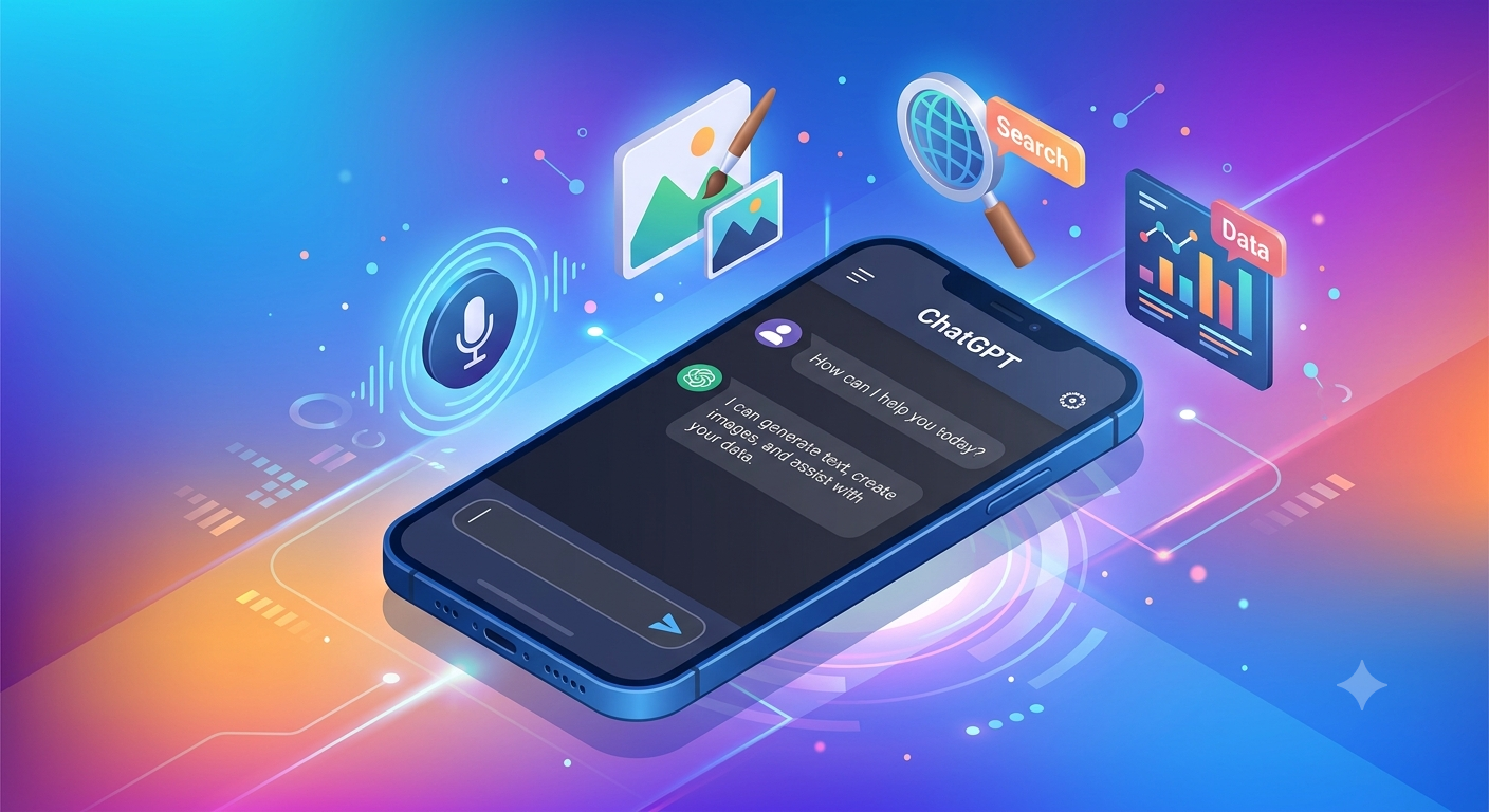 3D isometric illustration of official ChatGPT smartphone app interface surrounded by floating icons for voice mode, image generation, web search, and data analysis