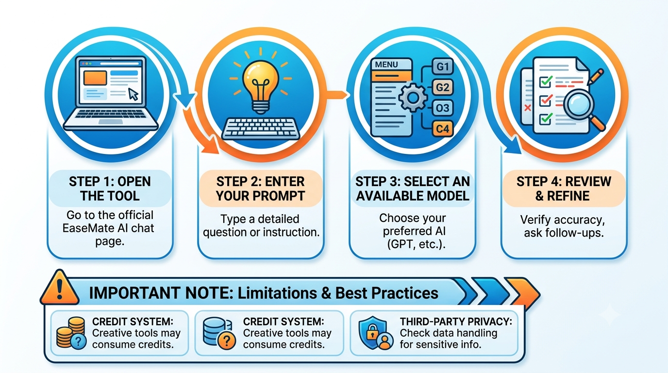 illustrating a 4-step guide on how to use EaseMate AI ChatGPT, along with important notes on credit systems and third-party data privacy.