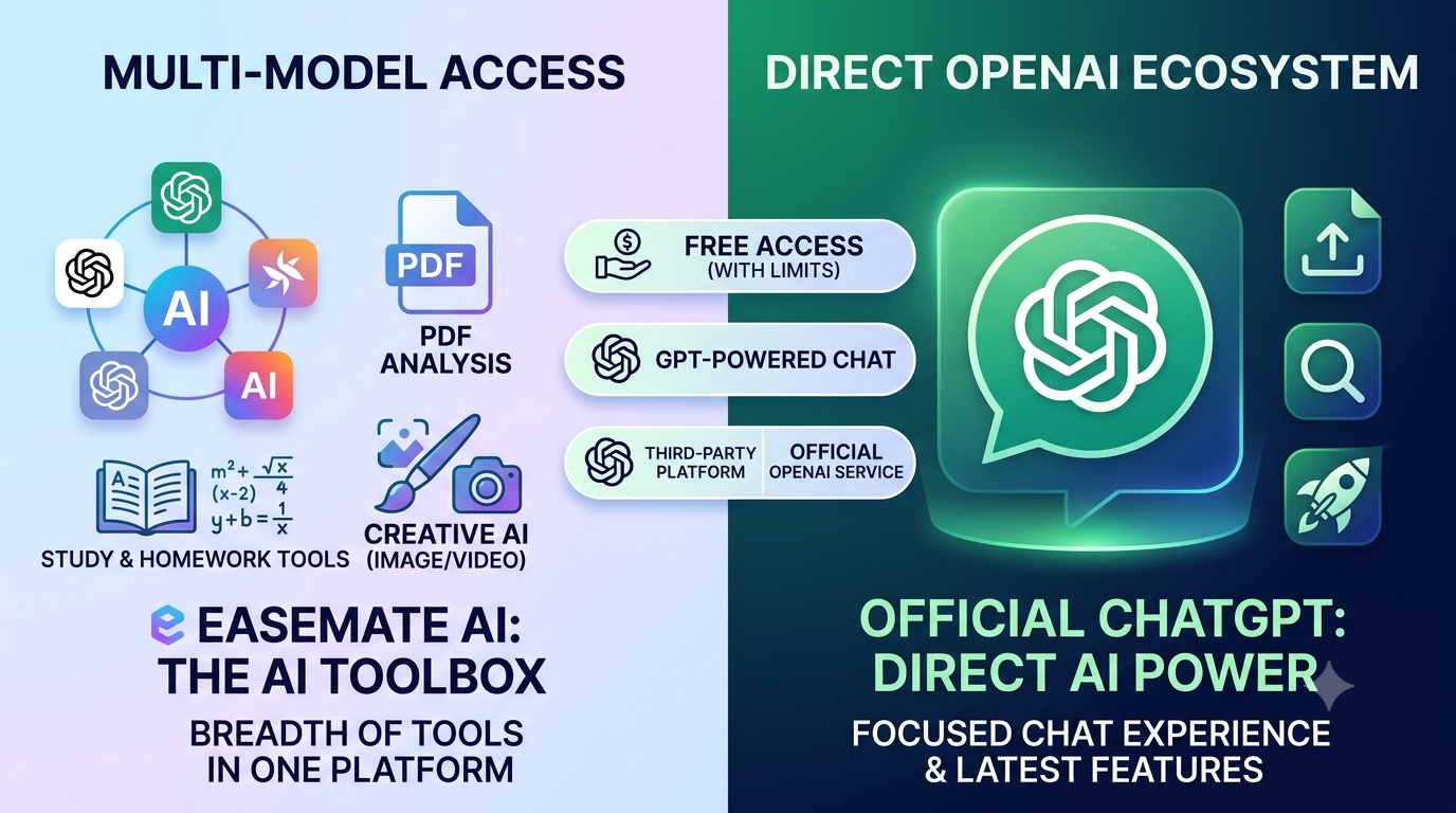 comparing EaseMate AI vs Official ChatGPT features, highlighting multi-model access, study tools, PDF analysis, and direct OpenAI ecosystem integration.