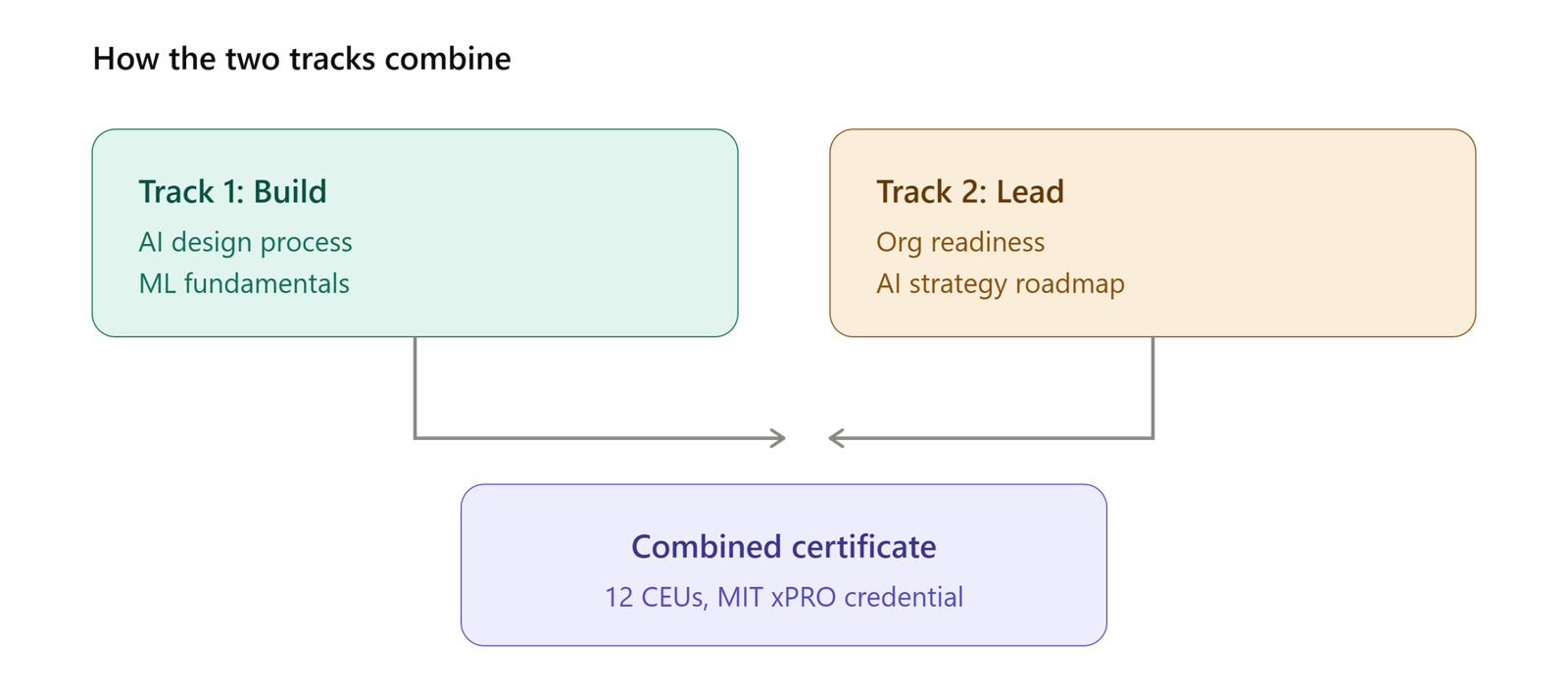MIT Executive Certificate dual-track program structure showing Track 1 build AI products and Track 2 AI strategy and leadership combining into one MIT xPRO certificate