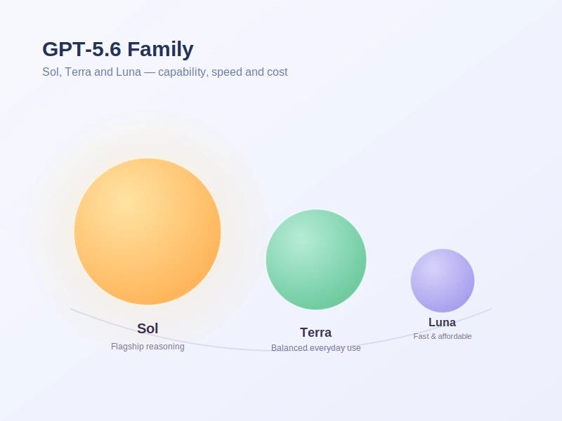GPT-5.6 family — Sol, Terra and Luna model tiers shown by size representing capability, speed and cost