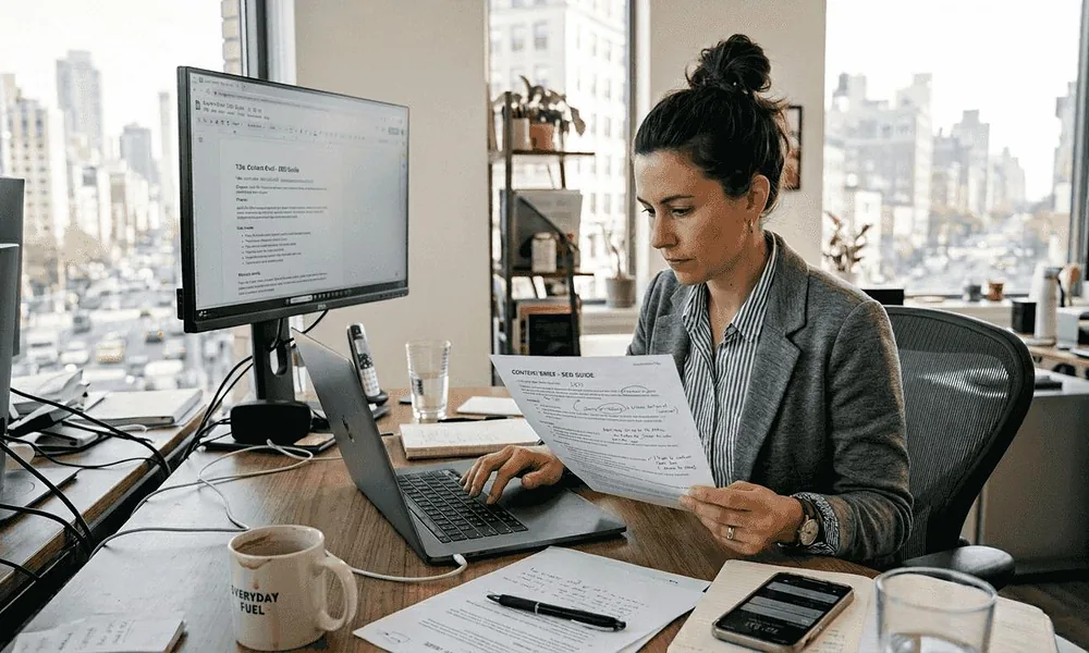 SEO specialist reviewing search results and competitor content
