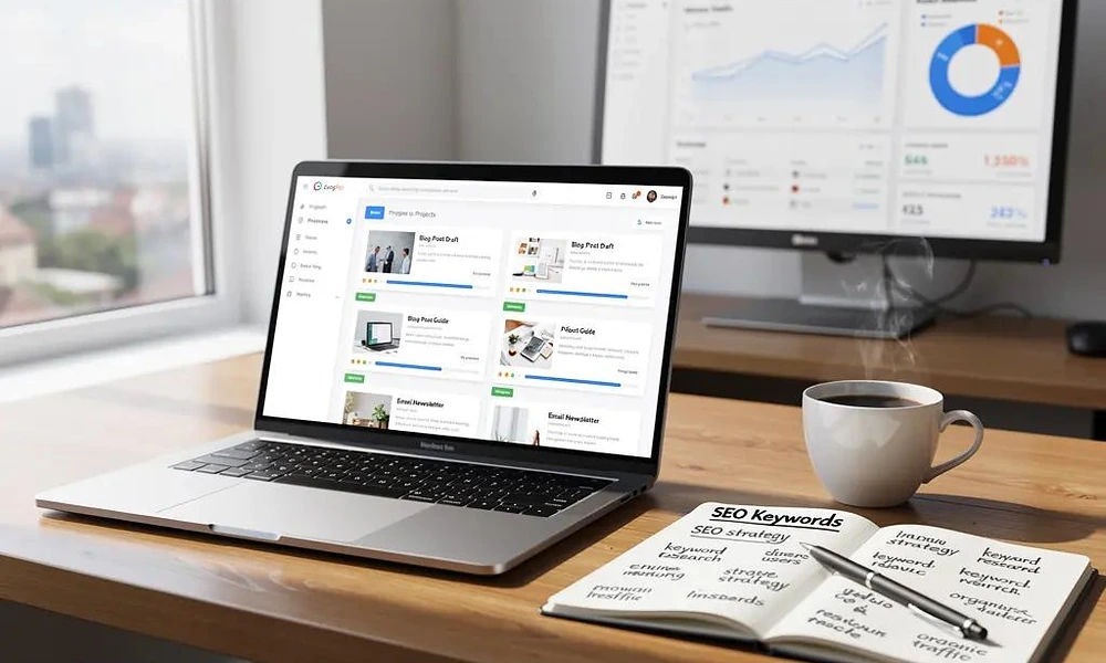 Laptop and notes used to prepare an SEO content brief