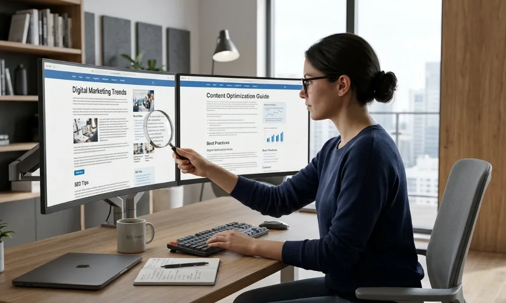 Laptop connected to digital nodes displaying audience insights and content gaps-ChatGPT content gap prompts