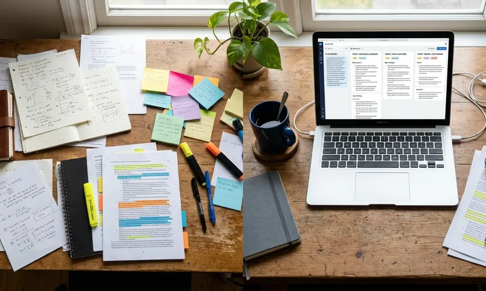 Research workspace with a laptop, highlighted documents, sticky notes, and notebooks for AI-assisted article writing-ChatGPT research prompts