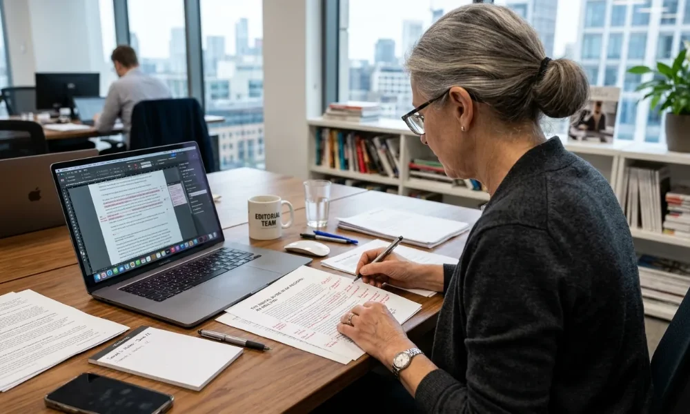 Editor reviewing a research article and marked-up documents to identify content gaps