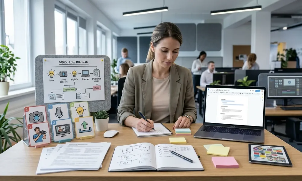 Content creator at a desk reviewing article structure notes and laptop outline-ChatGPT content gap prompts