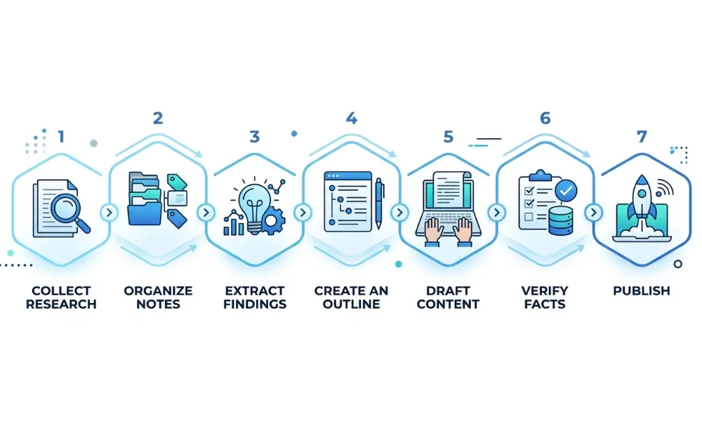 Seven-step research-to-article workflow diagram from collecting data to publishing-ChatGPT research prompts