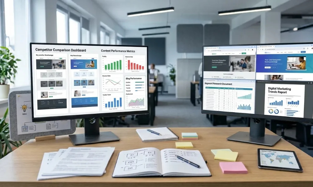 Dual monitor screens displaying competitor comparison and content performance dashboards