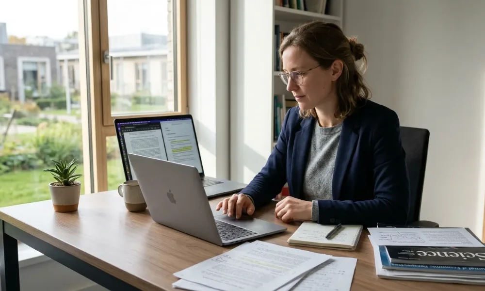 Researcher reviewing academic documents and digital notes to identify key findings.