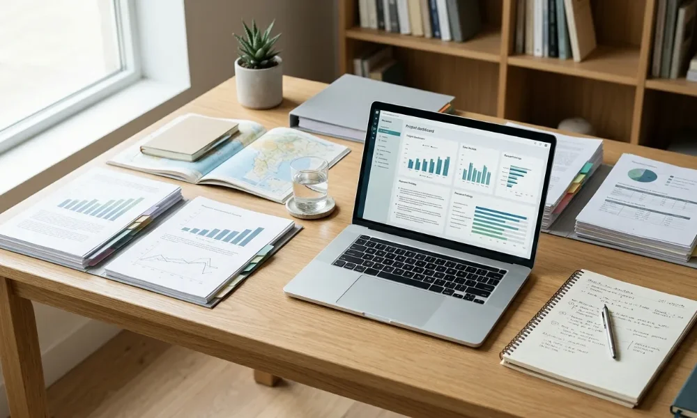 Laptop displaying research charts alongside organized reports and notes.