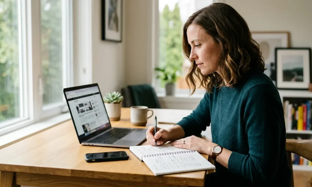 Curved monitor showing competitor website layouts for SEO analysis