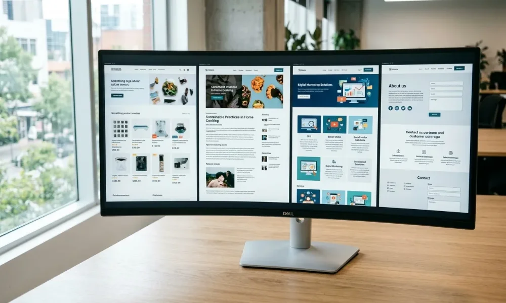 Curved monitor showing competitor website layouts
