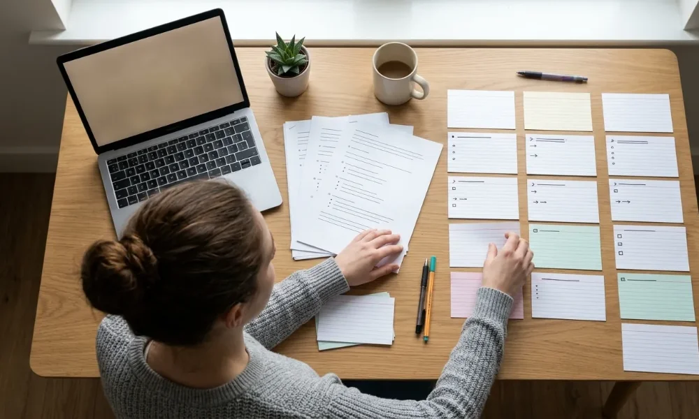 Overhead view of a strategist arranging index card outlines next to a laptop.