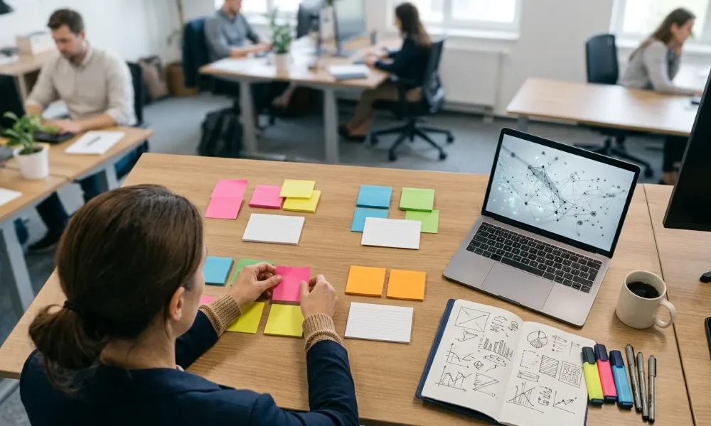 Person organizing sticky notes into keyword clusters at a desk.