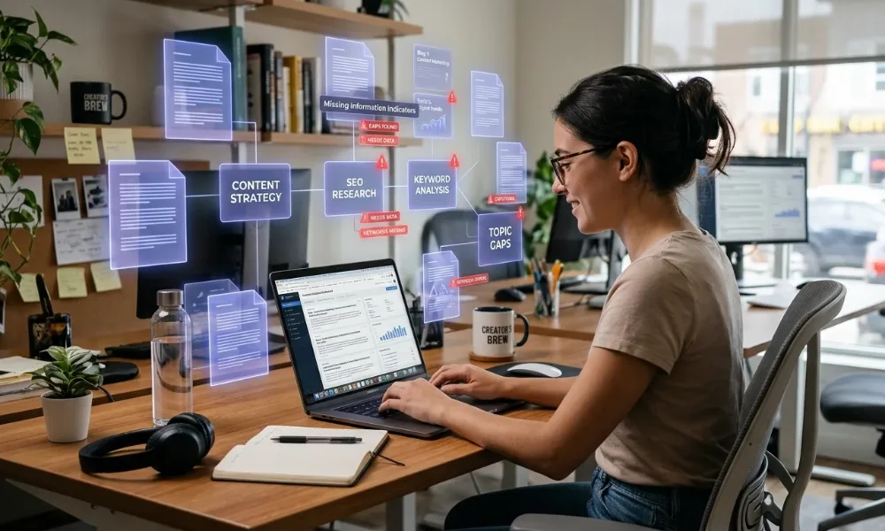 Woman using a laptop with floating SEO, content strategy, and keyword research icons.