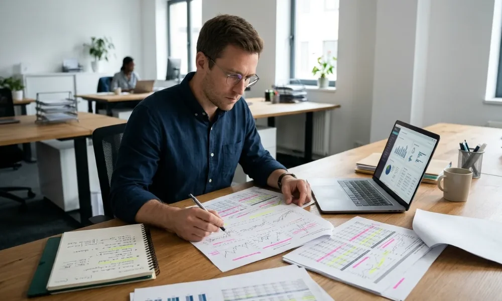 Researcher analyzing reports and digital charts to turn research findings into useful content.