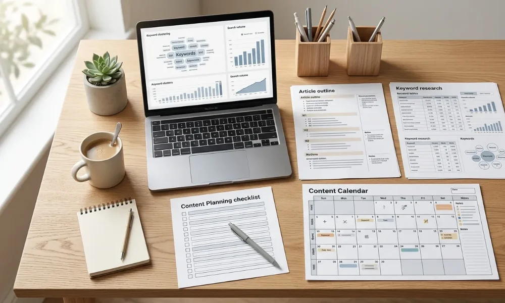 Laptop displaying keyword clusters, article outlines, and content calendars