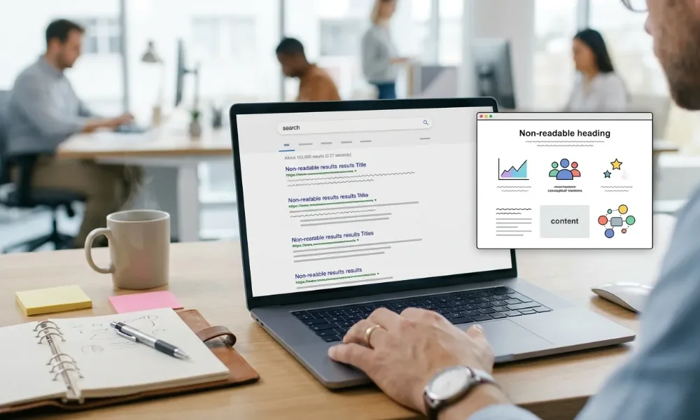 Person reviewing search results and content structure on a laptop.