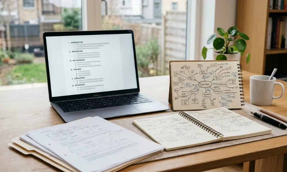 Laptop displaying a structured article outline beside research notes and a handwritten mind map.