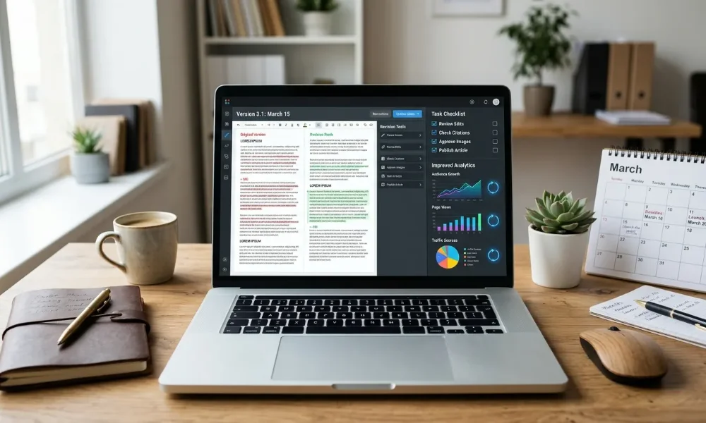 Laptop with article editor and pre-publishing checklist