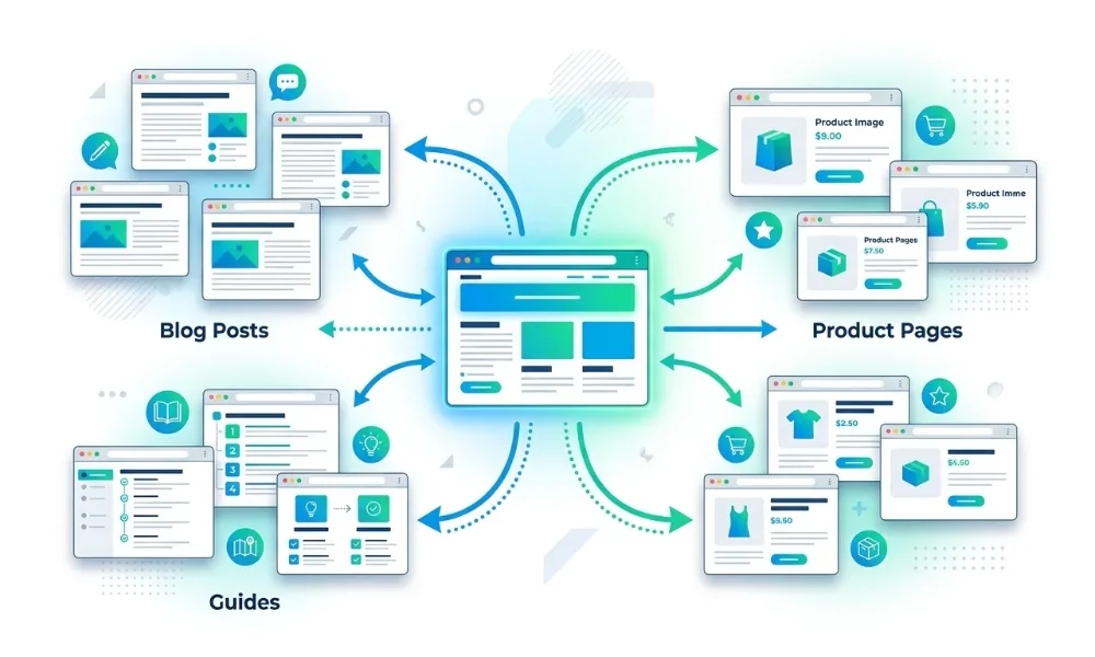Diagram showing internal links between blog posts, guides, and product pages.