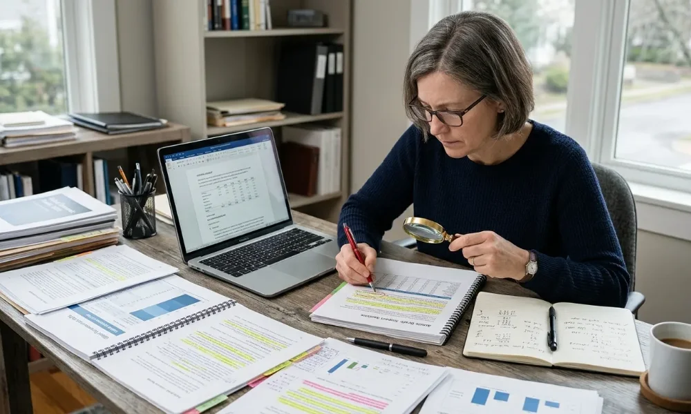 Research editor verifying facts in printed reports using a magnifying glass and highlighted documents-ChatGPT research prompts
